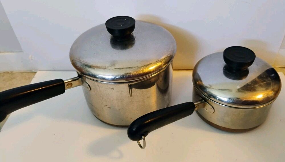 Lot of 2 Vintage Revere Ware 1801 Copper Bottom Saucepans 2 Qt & 3/4 Qt USA